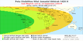 HilalMap: Peta Visibilitas Hilal Jumadal-Akhirah 1420 H: rukyat tanggal 1999-9-10 M
