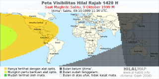 HilalMap: Peta Visibilitas Hilal Rajab 1420 H: rukyat tanggal 1999-10-9 M
