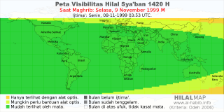 HilalMap: Peta Visibilitas Hilal Syaban 1420 H: rukyat tanggal 1999-11-9 M