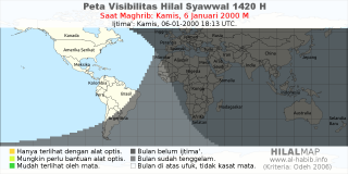 HilalMap: Peta Visibilitas Hilal Syawwal 1420 H: rukyat tanggal 2000-1-6 M