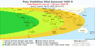 HilalMap: Peta Visibilitas Hilal Syawwal 1420 H: rukyat tanggal 2000-1-7 M