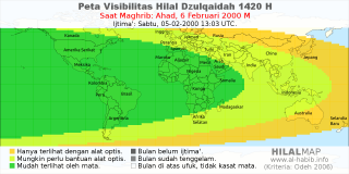 HilalMap: Peta Visibilitas Hilal Dzulqaidah 1420 H: rukyat tanggal 2000-2-6 M