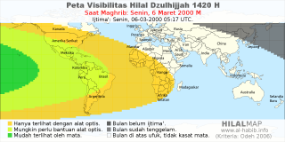 HilalMap: Peta Visibilitas Hilal Dzulhijjah 1420 H: rukyat tanggal 2000-3-6 M