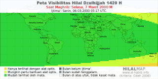 HilalMap: Peta Visibilitas Hilal Dzulhijjah 1420 H: rukyat tanggal 2000-3-7 M