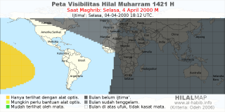 HilalMap: Peta Visibilitas Hilal Muharram 1421 H: rukyat tanggal 2000-4-4 M