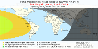 HilalMap: Peta Visibilitas Hilal Rabiul-Awwal 1421 H: rukyat tanggal 2000-6-2 M