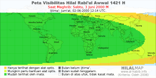 HilalMap: Peta Visibilitas Hilal Rabiul-Awwal 1421 H: rukyat tanggal 2000-6-3 M