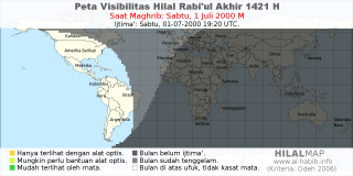 HilalMap: Peta Visibilitas Hilal Rabiul-Akhir 1421 H: rukyat tanggal 2000-7-1 M