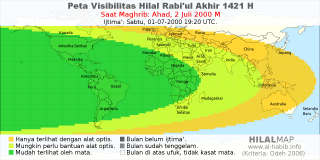 HilalMap: Peta Visibilitas Hilal Rabiul-Akhir 1421 H: rukyat tanggal 2000-7-2 M