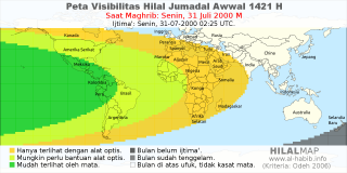 HilalMap: Peta Visibilitas Hilal Jumadal-Awwal 1421 H: rukyat tanggal 2000-7-31 M