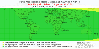 HilalMap: Peta Visibilitas Hilal Jumadal-Awwal 1421 H: rukyat tanggal 2000-8-1 M
