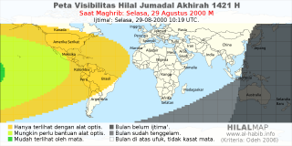 HilalMap: Peta Visibilitas Hilal Jumadal-Akhirah 1421 H: rukyat tanggal 2000-8-29 M