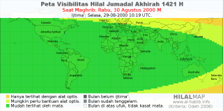 HilalMap: Peta Visibilitas Hilal Jumadal-Akhirah 1421 H: rukyat tanggal 2000-8-30 M