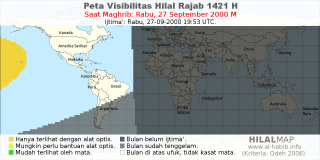 HilalMap: Peta Visibilitas Hilal Rajab 1421 H: rukyat tanggal 2000-9-27 M