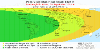 HilalMap: Peta Visibilitas Hilal Rajab 1421 H: rukyat tanggal 2000-9-28 M