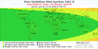 HilalMap: Peta Visibilitas Hilal Syaban 1421 H: rukyat tanggal 2000-10-28 M