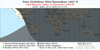 HilalMap: Peta Visibilitas Hilal Ramadhan 1421 H: rukyat tanggal 2000-11-25 M