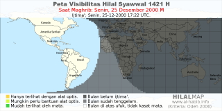 HilalMap: Peta Visibilitas Hilal Syawwal 1421 H: rukyat tanggal 2000-12-25 M
