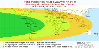 HilalMap: Peta Visibilitas Hilal Syawwal 1421 H: rukyat tanggal 2000-12-26 M