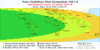HilalMap: Peta Visibilitas Hilal Dzulqaidah 1421 H: rukyat tanggal 2001-1-25 M