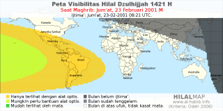 HilalMap: Peta Visibilitas Hilal Dzulhijjah 1421 H: rukyat tanggal 2001-2-23 M