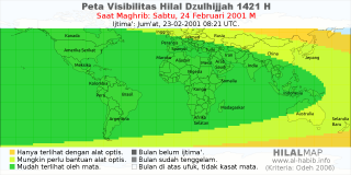 HilalMap: Peta Visibilitas Hilal Dzulhijjah 1421 H: rukyat tanggal 2001-2-24 M