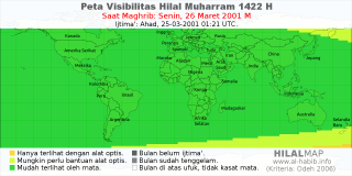 HilalMap: Peta Visibilitas Hilal Muharram 1422 H: rukyat tanggal 2001-3-26 M