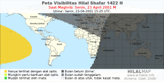 HilalMap: Peta Visibilitas Hilal Shafar 1422 H: rukyat tanggal 2001-4-23 M