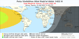 HilalMap: Peta Visibilitas Hilal Rabiul-Akhir 1422 H: rukyat tanggal 2001-6-21 M