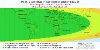 HilalMap: Peta Visibilitas Hilal Rabiul-Akhir 1422 H: rukyat tanggal 2001-6-22 M