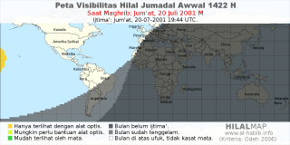 HilalMap: Peta Visibilitas Hilal Jumadal-Awwal 1422 H: rukyat tanggal 2001-7-20 M