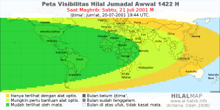 HilalMap: Peta Visibilitas Hilal Jumadal-Awwal 1422 H: rukyat tanggal 2001-7-21 M