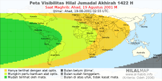 HilalMap: Peta Visibilitas Hilal Jumadal-Akhirah 1422 H: rukyat tanggal 2001-8-19 M