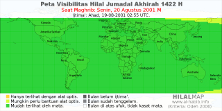 HilalMap: Peta Visibilitas Hilal Jumadal-Akhirah 1422 H: rukyat tanggal 2001-8-20 M