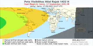 HilalMap: Peta Visibilitas Hilal Rajab 1422 H: rukyat tanggal 2001-9-17 M