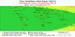 HilalMap: Peta Visibilitas Hilal Rajab 1422 H: rukyat tanggal 2001-9-18 M
