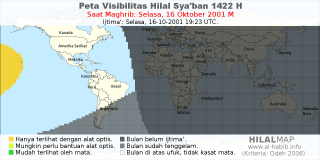 HilalMap: Peta Visibilitas Hilal Syaban 1422 H: rukyat tanggal 2001-10-16 M