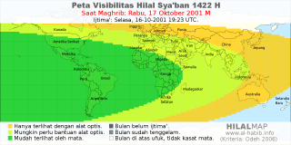 HilalMap: Peta Visibilitas Hilal Syaban 1422 H: rukyat tanggal 2001-10-17 M