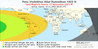 HilalMap: Peta Visibilitas Hilal Ramadhan 1422 H: rukyat tanggal 2001-11-15 M