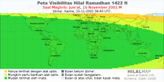 HilalMap: Peta Visibilitas Hilal Ramadhan 1422 H: rukyat tanggal 2001-11-16 M