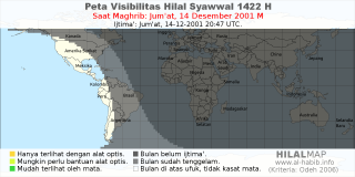 HilalMap: Peta Visibilitas Hilal Syawwal 1422 H: rukyat tanggal 2001-12-14 M