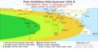 HilalMap: Peta Visibilitas Hilal Syawwal 1422 H: rukyat tanggal 2001-12-15 M