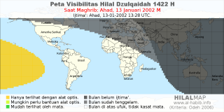 HilalMap: Peta Visibilitas Hilal Dzulqaidah 1422 H: rukyat tanggal 2002-1-13 M