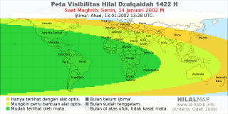 HilalMap: Peta Visibilitas Hilal Dzulqaidah 1422 H: rukyat tanggal 2002-1-14 M