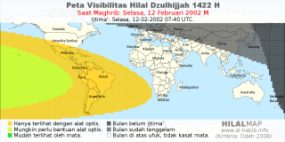 HilalMap: Peta Visibilitas Hilal Dzulhijjah 1422 H: rukyat tanggal 2002-2-12 M