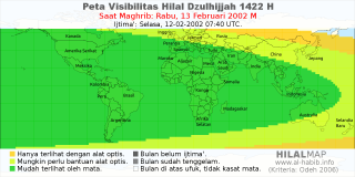 HilalMap: Peta Visibilitas Hilal Dzulhijjah 1422 H: rukyat tanggal 2002-2-13 M