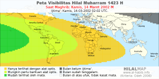HilalMap: Peta Visibilitas Hilal Muharram 1423 H: rukyat tanggal 2002-3-14 M