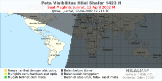HilalMap: Peta Visibilitas Hilal Shafar 1423 H: rukyat tanggal 2002-4-12 M