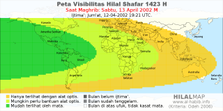 HilalMap: Peta Visibilitas Hilal Shafar 1423 H: rukyat tanggal 2002-4-13 M