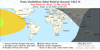 HilalMap: Peta Visibilitas Hilal Rabiul-Awwal 1423 H: rukyat tanggal 2002-5-12 M
